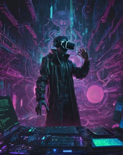 cyberpunk,cyber,matrix,electro,cyber glasses,mute,scifi,cyberspace,dystopia,futuristic,electronic,old elektrolok,man with a computer,techno,conductor,dj,synthesis,computer,vapor,dystopian,Illustration,Realistic Fantasy,Realistic Fantasy 47