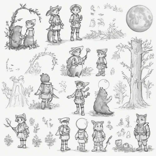 fairytale characters,fairy tale icons,woodland animals,illustrations,line art children,villagers,forest animals,fairy tale character,children drawing,happy children playing in the forest,children's background,stick children,a collection of short stories for children,game illustration,druid grove,hand-drawn illustration,druids,fairies,cartoon forest,digiscrap,Unique,Design,Character Design
