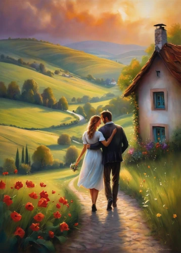 romantic scene,landscape background,home landscape,loving couple sunrise,shepherd romance,young couple,idyll,romantic portrait,oil painting on canvas,meadow landscape,art painting,love in the mist,romantic,farm background,dancing couple,love in air,springtime background,land love,way of the roses,oil painting,Conceptual Art,Daily,Daily 32