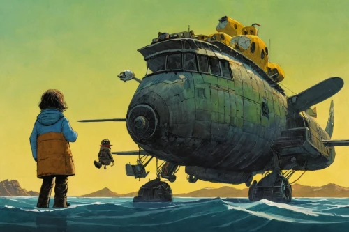 sewol ferry,submarine,sewol ferry disaster,diving bell,submersible,ship wreck,semi-submersible,studio ghibli,sci fiction illustration,aquanaut,shipwreck,sunken ship,the wreck of the ship,freighter,seafarer,deep-submergence rescue vehicle,adrift,a cargo ship,sinking,air ship,Conceptual Art,Sci-Fi,Sci-Fi 08