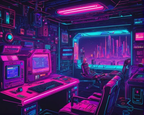 cyberpunk,computer room,cyber,80s,scifi,80's design,ufo interior,cyberspace,arcade,game room,space port,spaceship space,sci - fi,sci-fi,futuristic,arcades,futuristic landscape,neon,space,virtual,Conceptual Art,Sci-Fi,Sci-Fi 27