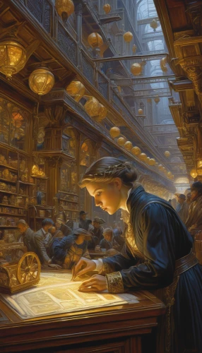 apothecary,librarian,sci fiction illustration,candlemaker,parchment,scholar,bookstore,meticulous painting,bookshop,bookworm,clockmaker,merchant,bookselling,watchmaker,book store,magic book,book illustration,hatmaking,bookshelves,clerk,Illustration,Realistic Fantasy,Realistic Fantasy 03