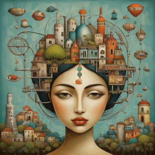 woman thinking,surrealism,world digital painting,boho art,fantasy art,somtum,connected world,the hat of the woman,head woman,psychedelic art,surrealistic,equilibrist,global oneness,asian vision,meticulous painting,orientalism,italian painter,globe,city ​​portrait,indian art,Art,Artistic Painting,Artistic Painting 29