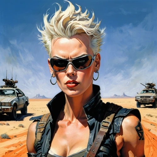 mad max,sci fiction illustration,mohawk hairstyle,callisto,mohawk,terminator,renegade,blonde woman,female warrior,lady rocks,desert background,femme fatale,sci fi,namib rand,streampunk,world digital painting,post apocalyptic,head woman,birds of prey,hard woman,Conceptual Art,Fantasy,Fantasy 08