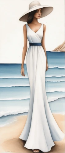 fashion illustration,art deco woman,girl in a long dress,fashion vector,sheath dress,photo painting,beach background,the sea maid,panama hat,evening dress,woman walking,advertising figure,womans seaside hat,wedding gown,world digital painting,bridal party dress,coloring outline,dressmaker,painting work,bridal clothing,Illustration,Abstract Fantasy,Abstract Fantasy 22
