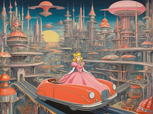 fantasy city,fantasy world,dream world,moon car,fantasia,futuristic landscape,metropolis,fairy world,sci fiction illustration,wonderland,city car,atomic age,alice in wonderland,science fiction,heliosphere,pink city,surrealistic,dreamland,cosmos,science-fiction,Art,Artistic Painting,Artistic Painting 50