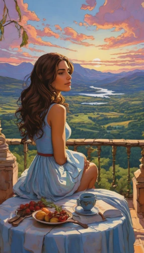 world digital painting,summer evening,woman at cafe,girl with cereal bowl,idyllic,rapunzel,moana,fantasy picture,romantic portrait,idyll,romantic scene,tuscan,girl in the kitchen,woman holding pie,digital painting,oil painting,landscape background,cg artwork,oil painting on canvas,art painting,Illustration,Paper based,Paper Based 26