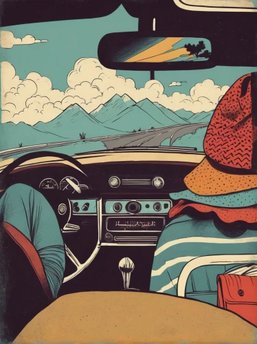 car radio,dashboard,car drawing,woman in the car,drive,car dashboard,retro automobile,retro car,cool woodblock images,roadtrip,open road,road trip,passenger,retro vehicle,backseat,driving car,alpine drive,retro music,camping car,witch driving a car,Illustration,Abstract Fantasy,Abstract Fantasy 02