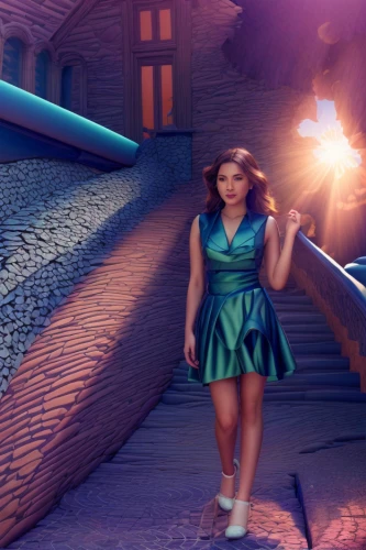 digital compositing,photo manipulation,girl walking away,3d render,visual effect lighting,image manipulation,3d fantasy,photomanipulation,photoshop manipulation,3d rendered,alleyway,3d background,fantasy picture,3d rendering,render,image editing,girl on the stairs,light effects,color is changable in ps,cinderella