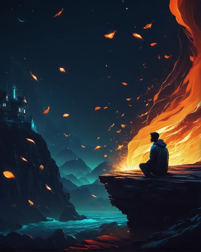 fire background,fire and water,embers,campfire,burned pier,burning earth,fantasy landscape,lake of fire,volcanic,fantasy picture,sci fiction illustration,fire artist,games of light,world digital painting,cauldron,fire mountain,beacon,bonfire,wildfire,scorched earth,Conceptual Art,Fantasy,Fantasy 21