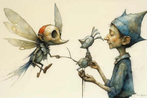 jiminy cricket,fairies,artificial fly,entomology,insects,mayflies,vintage fairies,child fairy,two bees,faery,fairies aloft,flies,lepidopterist,pinocchio,cupido (butterfly),bombyx mori,children's fairy tale,flying seeds,arthropods,fireflies,Illustration,Abstract Fantasy,Abstract Fantasy 18