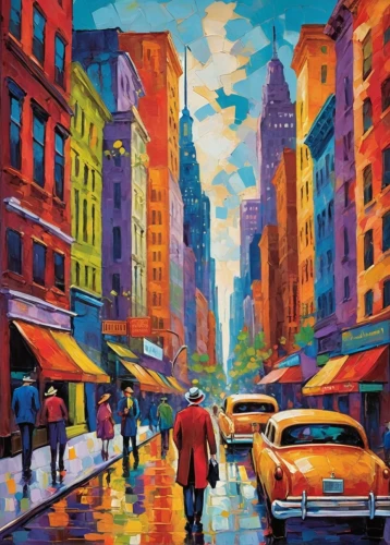 colorful city,oil painting on canvas,painting technique,new york streets,street scene,art painting,pedestrian,harlem,oil painting,city scape,cityscape,a pedestrian,newyork,oil on canvas,world digital painting,vibrant color,man with umbrella,saturated colors,new york,colored pencil background,Conceptual Art,Oil color,Oil Color 25