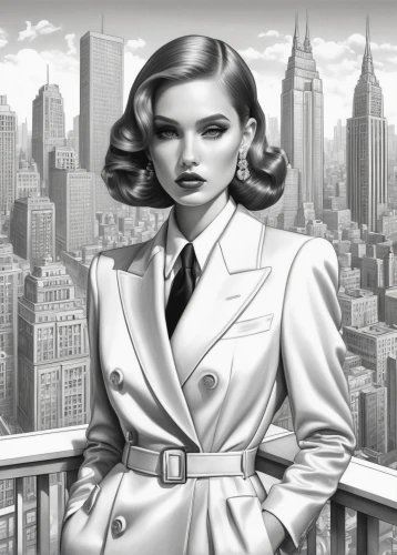 businesswoman,art deco woman,business woman,business girl,film noir,white-collar worker,art deco background,femme fatale,art deco,retro woman,businesswomen,cigarette girl,manhattan,business women,fashion illustration,white coat,business angel,city ​​portrait,50's style,pin up girl,Illustration,Retro,Retro 16