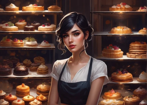 girl with bread-and-butter,bakery,pastry shop,girl in the kitchen,confectioner,thirteen desserts,woman holding pie,cake shop,donut illustration,pâtisserie,pastries,woman at cafe,woman with ice-cream,sweet pastries,world digital painting,waitress,pastry,chocolatier,deli,fantasy portrait,Conceptual Art,Fantasy,Fantasy 17