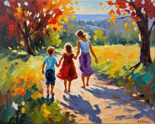 little girls walking,walk with the children,autumn walk,oil painting,oil painting on canvas,girl walking away,happy children playing in the forest,people walking,woman walking,oil on canvas,one autumn afternoon,autumn light,fall landscape,pathway,girl and boy outdoor,church painting,hikers,autumn sunshine,walk in a park,children drawing,Conceptual Art,Oil color,Oil Color 22