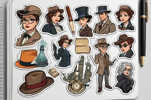gentleman icons,detective,inspector,sherlock holmes,doctor who,cartoon doctor,clue and white,dr who,female doctor,spy visual,icon set,bowler hat,detective conan,holmes,trilby,top hat,spy-glass,indiana jones,the victorian era,the hat-female,Unique,Design,Sticker