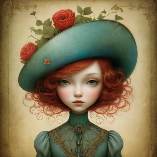 redhead doll,victorian lady,vintage girl,eglantine,vintage doll,fantasy portrait,fairy tale character,beautiful bonnet,coral bells,hatter,painter doll,faery,red hat,mystical portrait of a girl,queen of hearts,artist doll,alice,girl wearing hat,vintage woman,whimsical,Illustration,Abstract Fantasy,Abstract Fantasy 06