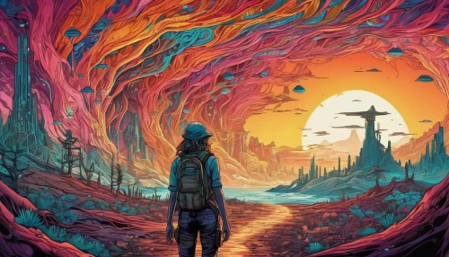 sci fiction illustration,hollow way,wanderer,the wanderer,psychedelic art,would a background,travelers,exploration,digital illustration,the path,pathway,dune,the mystical path,traveler,cg artwork,wander,pilgrimage,traveller,background image,digital artwork,Illustration,Realistic Fantasy,Realistic Fantasy 39