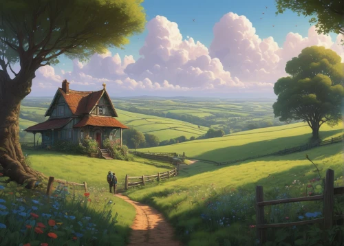 home landscape,rural landscape,countryside,farm landscape,meadow landscape,landscape background,lonely house,little house,hobbiton,farm background,fantasy landscape,spring morning,country side,springtime background,green meadow,rolling hills,farmstead,high landscape,country cottage,meadow in pastel,Illustration,Realistic Fantasy,Realistic Fantasy 44