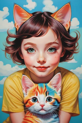 girl with cereal bowl,oil painting on canvas,children's background,cat image,two cats,oil painting,cat,painting technique,oil on canvas,cat lovers,kids illustration,cat's eyes,surrealism,calico cat,children's eyes,cartoon cat,red tabby,girl in t-shirt,art painting,feline,Conceptual Art,Daily,Daily 15