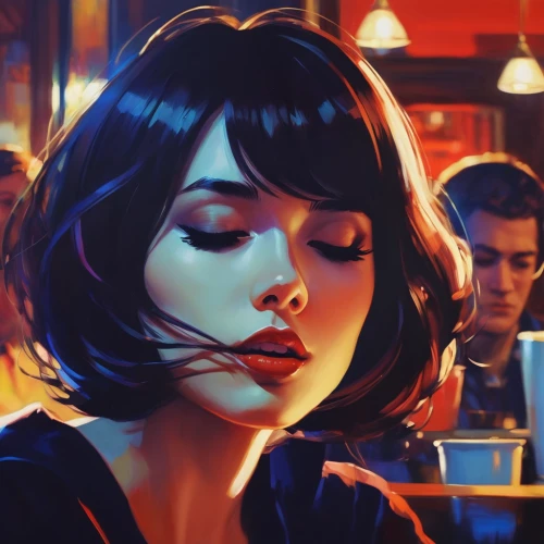 retro diner,woman at cafe,game illustration,digital painting,diner,cigarette girl,retro girl,neon coffee,sci fiction illustration,transistor,world digital painting,nightlife,retro woman,blues and jazz singer,the coffee shop,waitress,paris cafe,the girl's face,smoking girl,the girl at the station,Conceptual Art,Fantasy,Fantasy 19