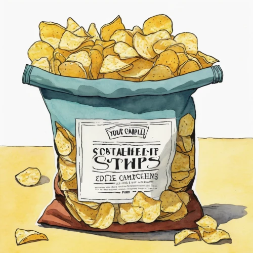 cartoon chips,potato chips,potato crisps,chips,potato chip,a bag of gold,crisps,tortilla chip,corn chip,salted peanuts,snack food,stockpile,dried lemon slices,empty jar,wood chips,pommes dauphine,salt water taffy,kettle corn,pizza chips,chips from kale,Illustration,Paper based,Paper Based 21