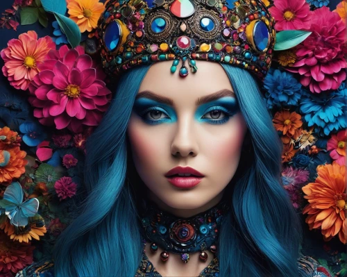 headdress,blue enchantress,blue peacock,fairy peacock,fairy queen,cleopatra,headpiece,crowned,elven flower,fantasy woman,fantasy portrait,blue bonnet,indian headdress,violet head elf,the enchantress,queen crown,peacock,bohemian,jasmine blue,fantasy art,Photography,Fashion Photography,Fashion Photography 21