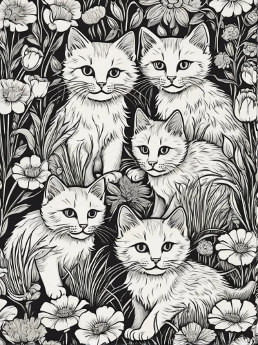 seamless pattern,vintage cats,seamless pattern repeat,flowers pattern,background pattern,flower cat,cartoon flowers,felines,floral pattern,cattles,floral background,whimsical animals,motif,flower animal,botanical print,roses pattern,cat drawings,flower fabric,woodland animals,cat family,Illustration,Black and White,Black and White 19