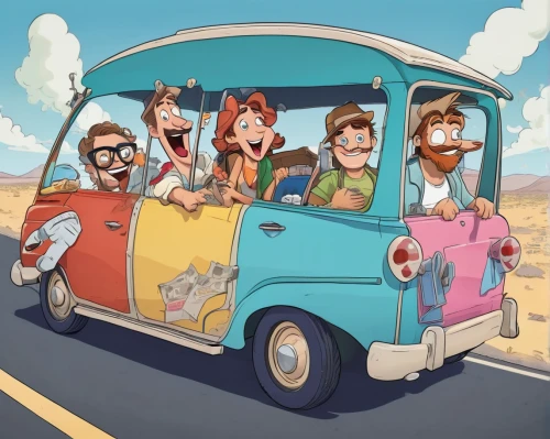 cartoon car,road trip,roadtrip,minibus,family car,dormobile,schoolbus,moottero vehicle,caravan,car rental,travel van,school bus,travelers,coach-driving,cartoon people,transportation,minivan,tourists,beer car,digital nomads,Illustration,Japanese style,Japanese Style 07