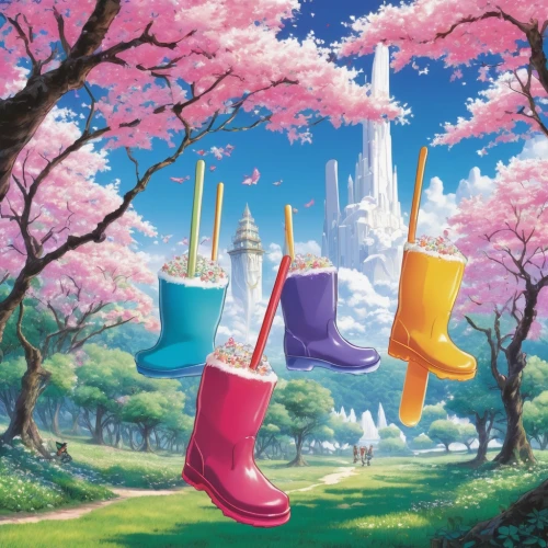 watering can,flower pots,rubber boots,fairy world,fantasy world,easter bells,candy cauldron,fantasia,3d fantasy,music fantasy,flowerpots,angel's trumpets,cartoon forest,cartoon flowers,tulip festival,fantasy city,flower pot,angel trumpets,tokyo disneyland,plant pots,Illustration,Japanese style,Japanese Style 13