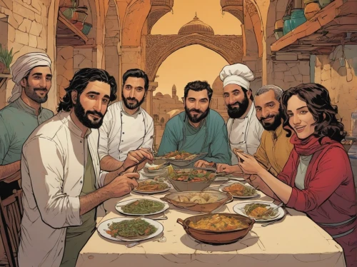 holy supper,christ feast,last supper,middle-eastern meal,ramadan,passover,pesach,eid-al-adha,soup kitchen,middle eastern food,iranian cuisine,nativity of jesus,jewish cuisine,iranian nowruz,genesis land in jerusalem,kabsa,kosher food,zoroastrian novruz,nativity of christ,iftar,Illustration,Vector,Vector 04