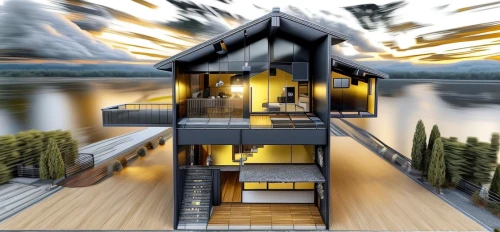 3d rendering,houseboat,inverted cottage,house by the water,floating huts,house with lake,wooden house,the cabin in the mountains,modern house,log home,boat house,chalet,render,cube stilt houses,wooden decking,modern architecture,cubic house,timber house,stilt house,stilt houses