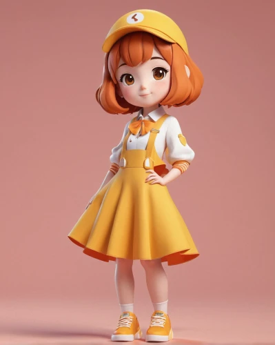 3d figure,cute cartoon character,peach color,doll dress,3d model,kotobukiya,daisy,sailor,stylized macaron,yellow orange,collectible doll,clay doll,3d render,wind-up toy,peach,doll figure,dress doll,female doll,matsuno,3d rendered,Unique,3D,3D Character