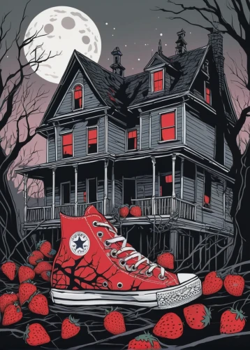 the haunted house,halloween and horror,haunted house,halloween poster,red shoes,halloween illustration,witch house,halloween scene,converse,halloween ghosts,haunted,halloween,moon boots,halloween night,halloween2019,halloween 2019,madhouse,hallloween,witch's house,retro halloween,Illustration,Black and White,Black and White 12