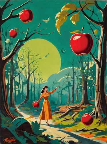 girl picking apples,woman eating apple,apple harvest,picking apple,apple trees,red apples,apple orchard,acerola,apple mountain,apple picking,apple tree,frutti di bosco,girl with tree,apples,watermelon painting,apple plantation,apple world,orchard,cart of apples,red apple,Illustration,Retro,Retro 12