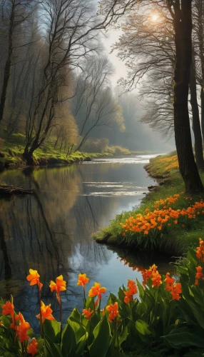 netherlands,spring morning,holland,the netherlands,dutch landscape,spring nature,orange tulips,lilies of the valley,beautiful landscape,nature landscape,river landscape,splendor of flowers,landscape nature,springtime background,meadow landscape,landscapes beautiful,lily pond,wild tulips,lilly of the valley,tulips field,Conceptual Art,Daily,Daily 11