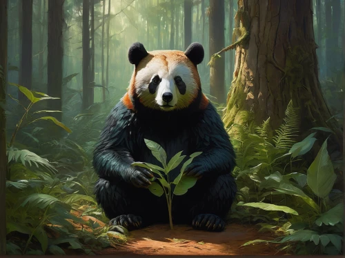 giant panda,chinese panda,panda,pandabear,pandas,panda bear,kawaii panda,bamboo,hanging panda,forest animal,red panda,forest animals,bear guardian,anthropomorphized animals,bamboo forest,endangered,bamboo frame,bamboo shoot,cub,little panda,Conceptual Art,Oil color,Oil Color 12