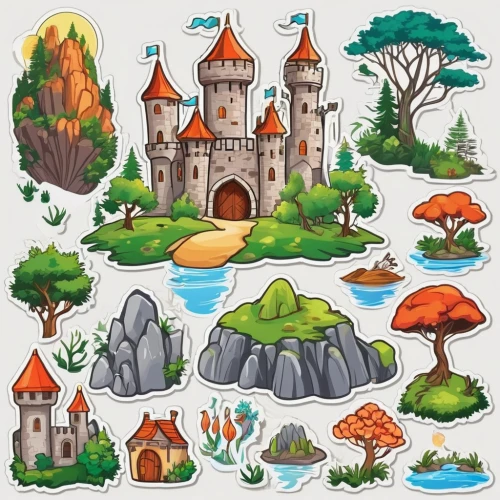 houses clipart,fairy tale icons,clipart sticker,cartoon forest,scrapbook clip art,mushroom landscape,mushroom island,fairy village,icon set,villages,set of icons,castles,islands,crown icons,stone houses,hanging houses,map icon,escher village,fairy tale castle,paris clip art,Unique,Design,Sticker