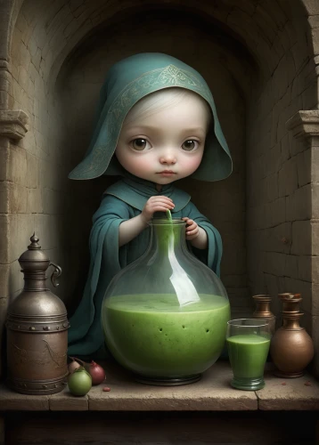 candlemaker,girl in the kitchen,tinsmith,dwarf cookin,potions,clay animation,cooking pot,cookery,the little girl,girl with cereal bowl,girl with bread-and-butter,in the bowl,fairy tale character,apothecary,silversmith,potion,tureen,alchemy,absinthe,confectioner,Illustration,Abstract Fantasy,Abstract Fantasy 06