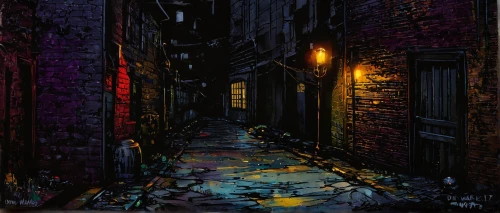 alleyway,alley,narrow street,blind alley,old linden alley,alley cat,the cobbled streets,night scene,the street,laneway,cobblestones,slum,medieval street,david bates,rescue alley,cobblestone,slums,world digital painting,passage,gas lamp,Illustration,Paper based,Paper Based 06