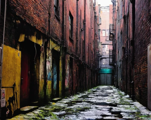 alleyway,alley,old linden alley,alley cat,laneway,blind alley,narrow street,lovat lane,the cobbled streets,red bricks,disused,eastgate street chester,yellow brick wall,urban landscape,manchester,rescue alley,red brick,cobbles,birch alley,john atkinson grimshaw,Conceptual Art,Oil color,Oil Color 19