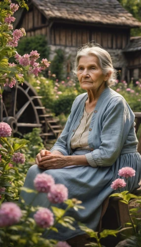 old woman,elderly lady,hobbiton,grandmother,girl in the garden,elderly person,girl picking flowers,grandma,girl in flowers,digital compositing,bach flower therapy,granny,care for the elderly,elder,old age,elderly people,elder berries,flower garden,korean folk village,folk village,Photography,General,Natural
