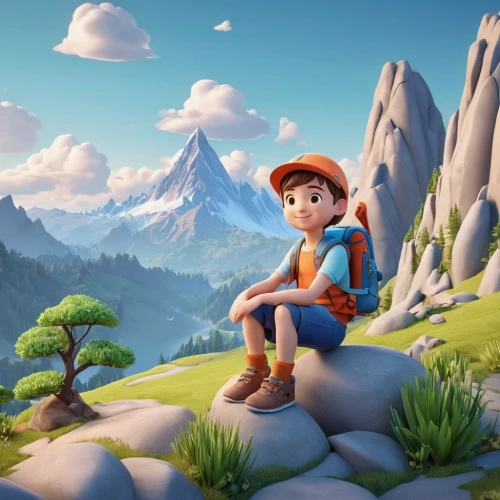 mountain guide,the spirit of the mountains,mountain scene,mountain world,agnes,cartoon video game background,clay animation,heidi country,animated cartoon,children's background,farmer in the woods,cute cartoon character,digital compositing,mountain boots,landscape background,meteora,pines,girl and boy outdoor,alpine crossing,mountains,Unique,3D,3D Character