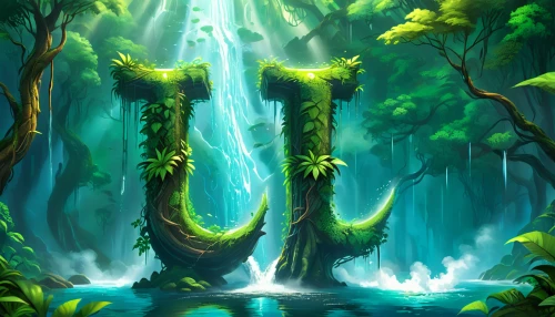 green waterfall,elven forest,druid grove,green forest,forest dragon,fairy forest,rainforest,frog background,green trees with water,rain forest,patrol,swampy landscape,swamp,holy forest,forest background,wasserfall,green wallpaper,aaa,green dragon,mountain spring,Illustration,Realistic Fantasy,Realistic Fantasy 01