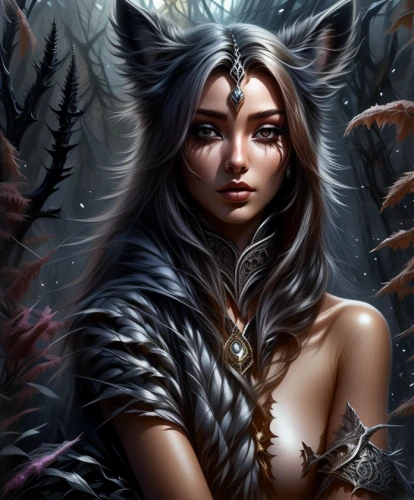 fantasy art,fantasy portrait,huntress,fantasy picture,nine-tailed,howling wolf,the enchantress,faerie,sorceress,heroic fantasy,werewolf,faery,black shepherd,feral,dark elf,shamanic,fantasy woman,dryad,werewolves,kitsune