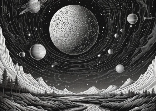 sci fiction illustration,planetary system,lunar landscape,alien planet,space art,celestial bodies,book illustration,the solar system,spheres,orbiting,galilean moons,planets,celestial body,the universe,phase of the moon,exoplanet,universe,extraterrestrial life,alien world,astronomy,Illustration,Black and White,Black and White 18