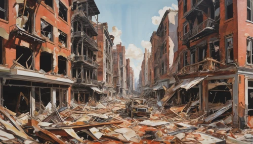 destroyed city,demolition,post-apocalyptic landscape,destroyed area,demolition work,war zone,earth quake,destruction,rubble,building rubble,ground zero,earthquake,apocalyptic,explosion destroy,calamities,debris,post-apocalypse,demolition map,devastation,environmental destruction,Conceptual Art,Oil color,Oil Color 18