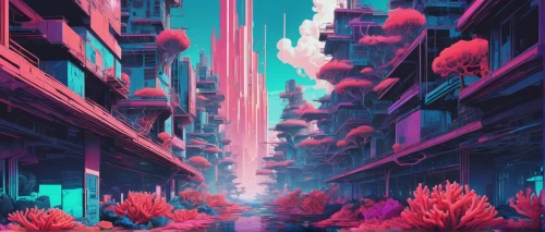 芦ﾉ湖,colorful city,futuristic landscape,vapor,alleyway,cityscape,coral reef,tropical bloom,digital,coral,passage,lagoon,alley,erosion,fractal environment,tidal wave,tokyo city,virtual landscape,fantasy city,cyberpunk,Conceptual Art,Daily,Daily 21