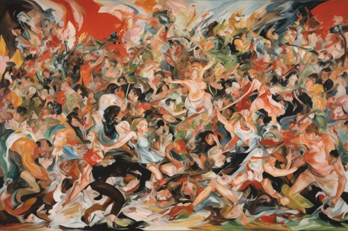 pentecost,fire dance,the conflagration,braque francais,purgatory,walpurgis night,post impressionist,dancing flames,khokhloma painting,dante's inferno,audience,inferno,braque du bourbonnais,flower of the passion,emancipation,philharmonic orchestra,the eruption,dance of death,chaos theory,lake of fire,Conceptual Art,Oil color,Oil Color 18