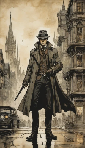 rorschach,gunfighter,detective,steampunk,game illustration,deadwood,sherlock holmes,de ville,investigator,overcoat,scarecrow,hamelin,mafia,chasseur,holmes,cover,hatter,pilgrim,guy fawkes,the wanderer,Illustration,Retro,Retro 25